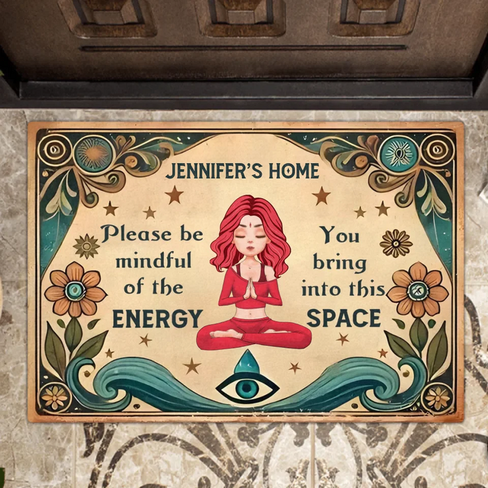 Custom Personalized Yoga Doormat - Gift Idea for Yoga Lovers - Please Be Mindful of The Energy You Bring Into This Space