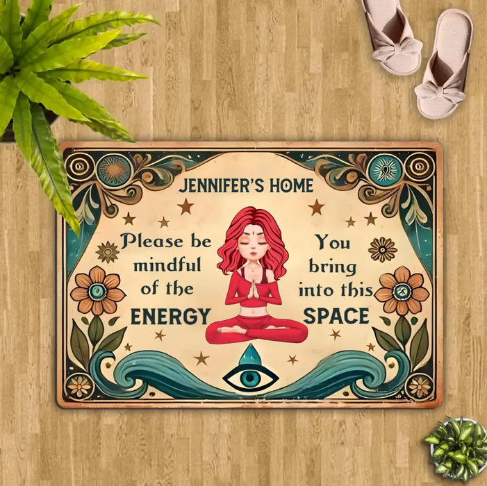 Custom Personalized Yoga Doormat - Gift Idea for Yoga Lovers - Please Be Mindful of The Energy You Bring Into This Space