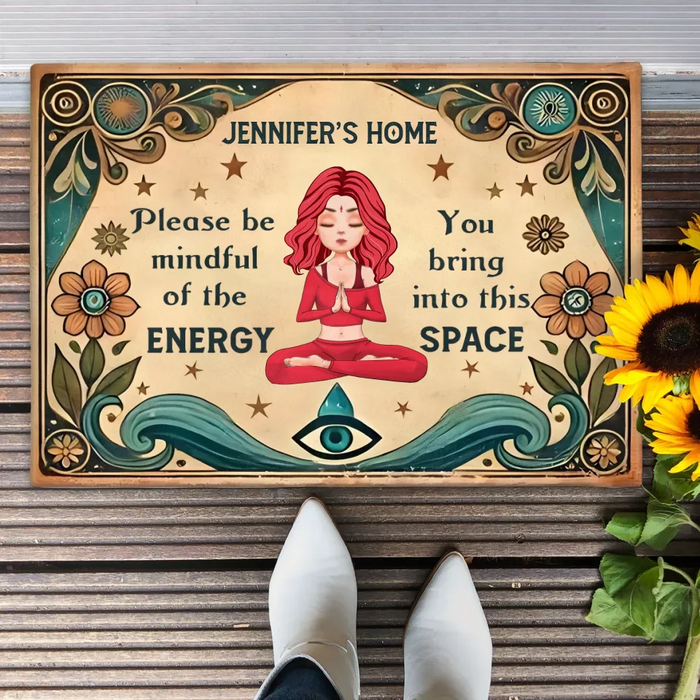 Custom Personalized Yoga Doormat - Gift Idea for Yoga Lovers - Please Be Mindful of The Energy You Bring Into This Space