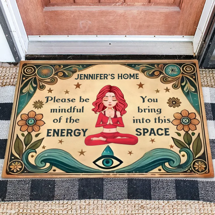 Custom Personalized Yoga Doormat - Gift Idea for Yoga Lovers - Please Be Mindful of The Energy You Bring Into This Space