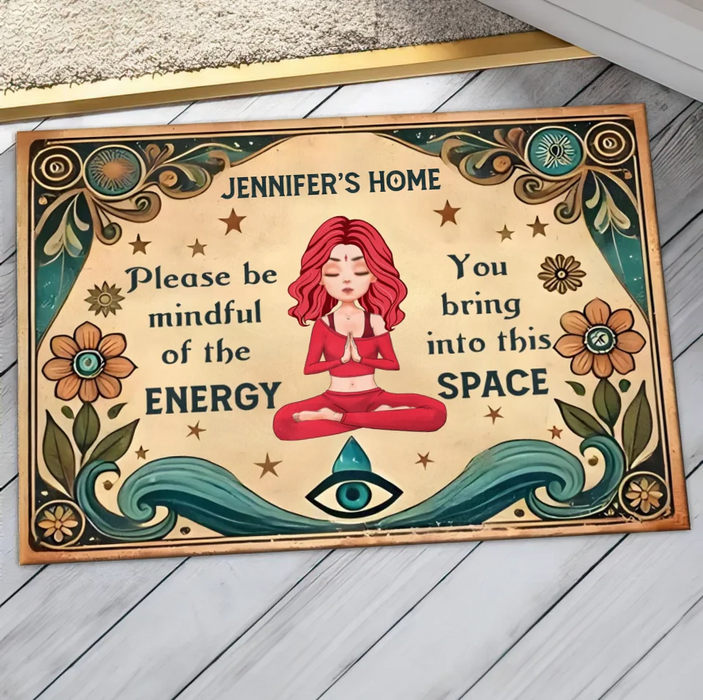 Custom Personalized Yoga Doormat - Gift Idea for Yoga Lovers - Please Be Mindful of The Energy You Bring Into This Space