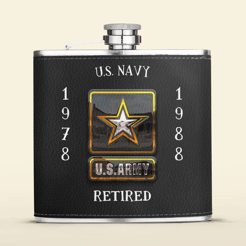 Personalized Retired Veteran Leather Flask - Father's Day Gift Idea for Veteran