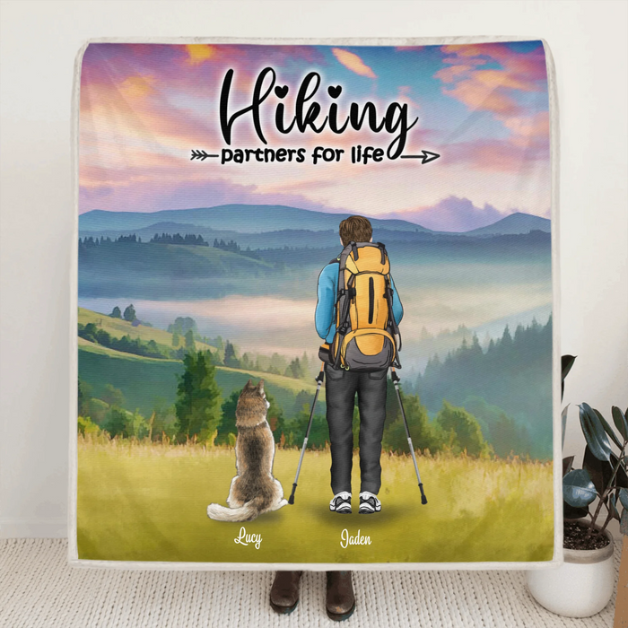 Personalized Hiking Quilt/Fleece Blanket - Best Gift Idea For Couple - Couple With Up to 3 Pets - Gifts For Hiking Lovers For Father's Day - Hiking Partners For Life