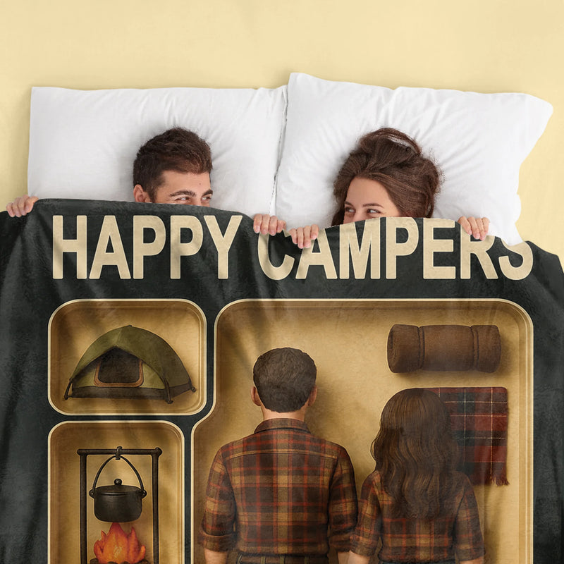 Personalized Camping Couple Toy Box Quilt/Fleece Throw Blanket - Gift Idea For Couple/Camping Lover - Happy Campers
