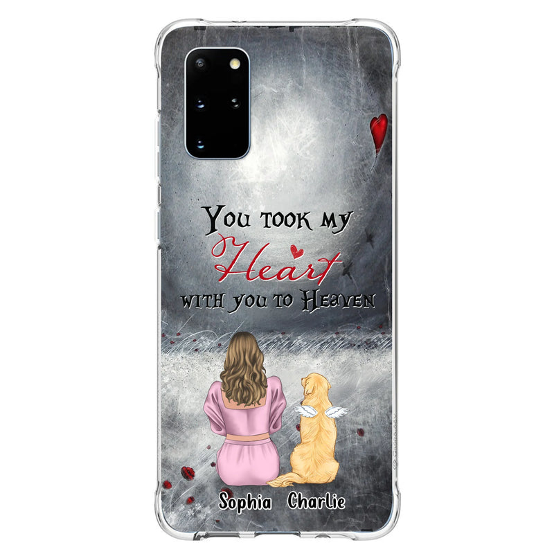 Custom Personalized Memorial Dog Mom Phone Case - Upto 5 Dogs - Memorial Gift Idea for Dog Lovers - You Took My Heart With You To Heaven - Case For iPhone And Samsung
