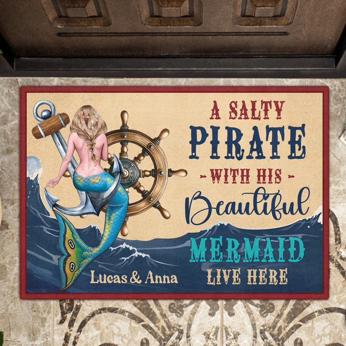 Personalized Mermaid Doormat - Summer Gift Idea - A Salty Pirate And His Beautiful Mermaid Live Here