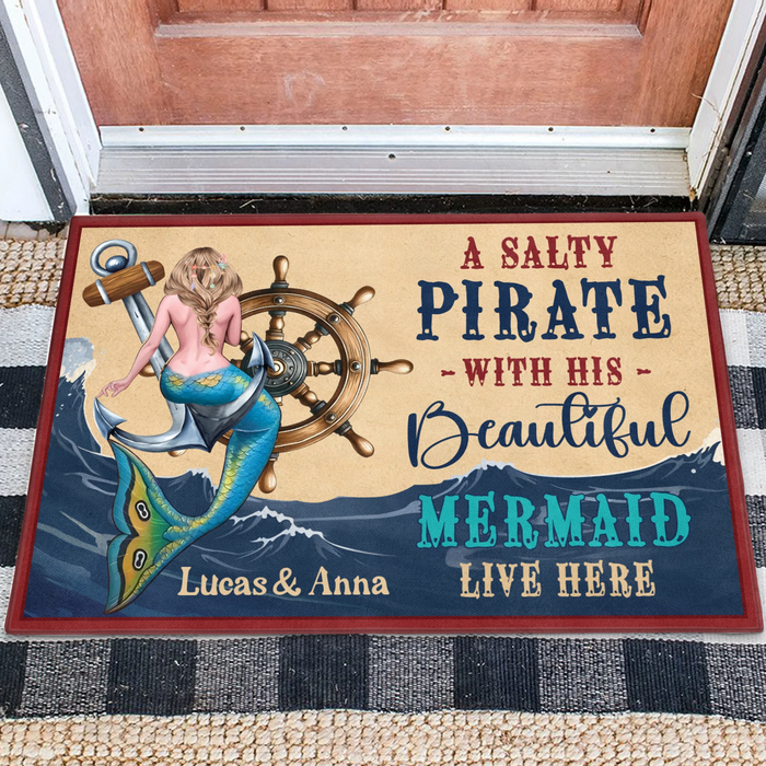 Personalized Mermaid Doormat - Summer Gift Idea - A Salty Pirate And His Beautiful Mermaid Live Here