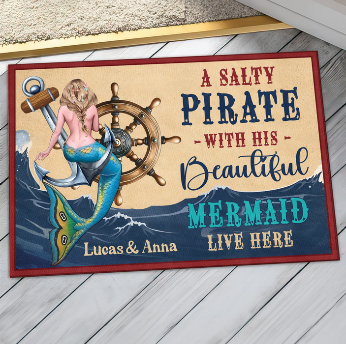 Personalized Mermaid Doormat - Summer Gift Idea - A Salty Pirate And His Beautiful Mermaid Live Here