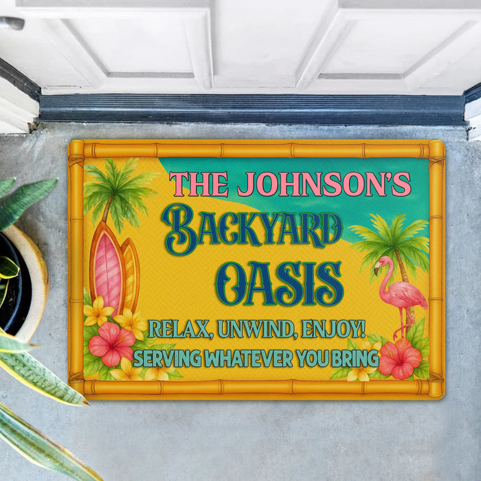 Personalized Backyard Oasis Doormat -  Tropical Welcome Mat - Relax Unwind Enjoy