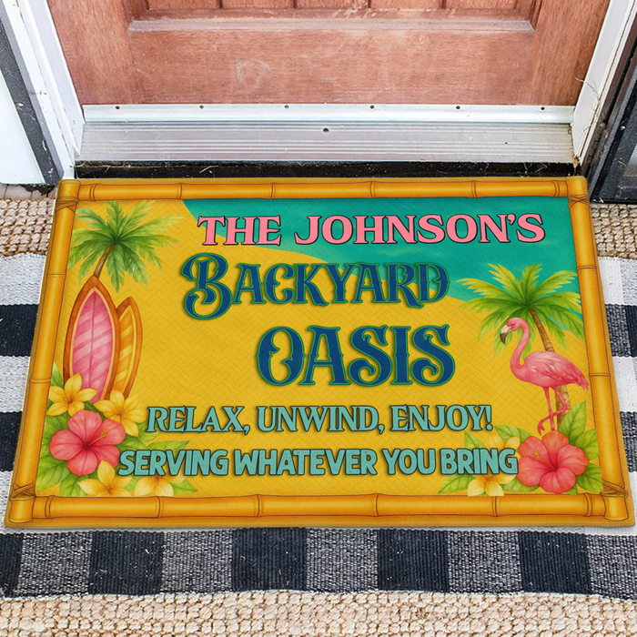 Personalized Backyard Oasis Doormat -  Tropical Welcome Mat - Relax Unwind Enjoy