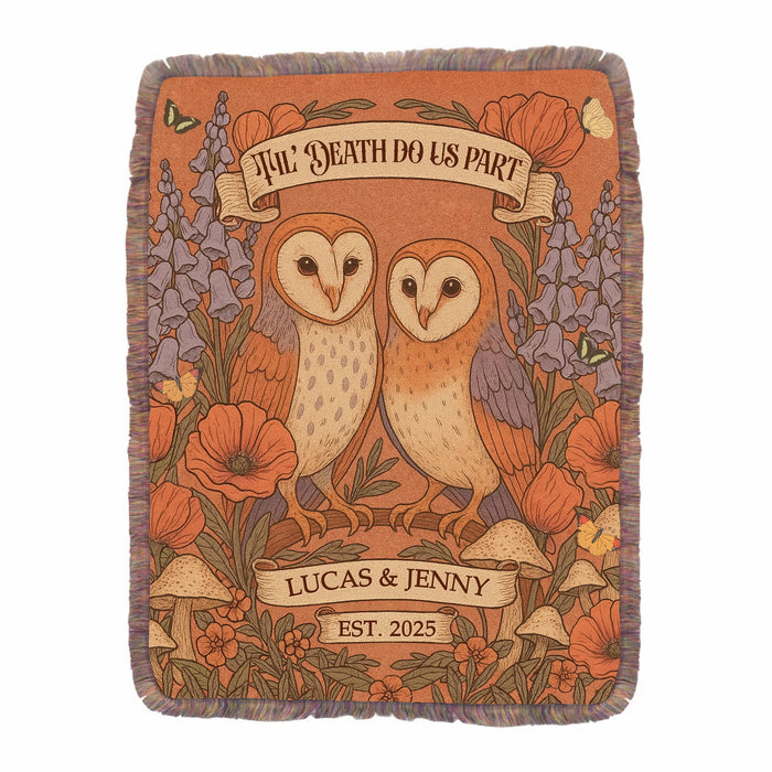 Personalized Owl Couple Cottage Ultra-Soft Fringer Blanket - Gift Idea For Couple - Til's Death Do Us Part