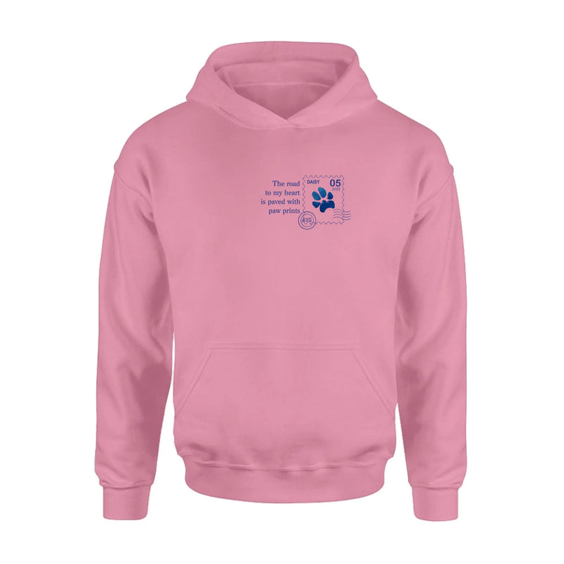 Personalized Memorial Pet Stamp Sticker Design T-shirt/Long Sleeve/Sweatshirt/Hoodie - Memorial Gift Idea For Dog Lover - The Road To My Heart Is Paved With Paw Prints