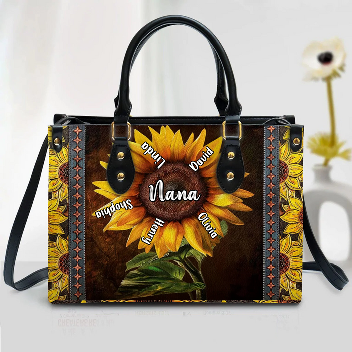 Personalized Grandma Sunflower Leather Handbag With Long Straps - Perfect Mother's Day Gift For Mom/Grandma