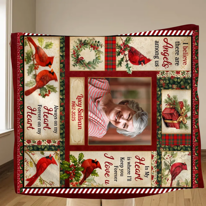 Personalized Christmas Memorial Fleece Throw Blanket / Quilt – In My Heart Is Where I'll Keep You Forever - Custom Photo Sympathy Gift for Loss of Loved One