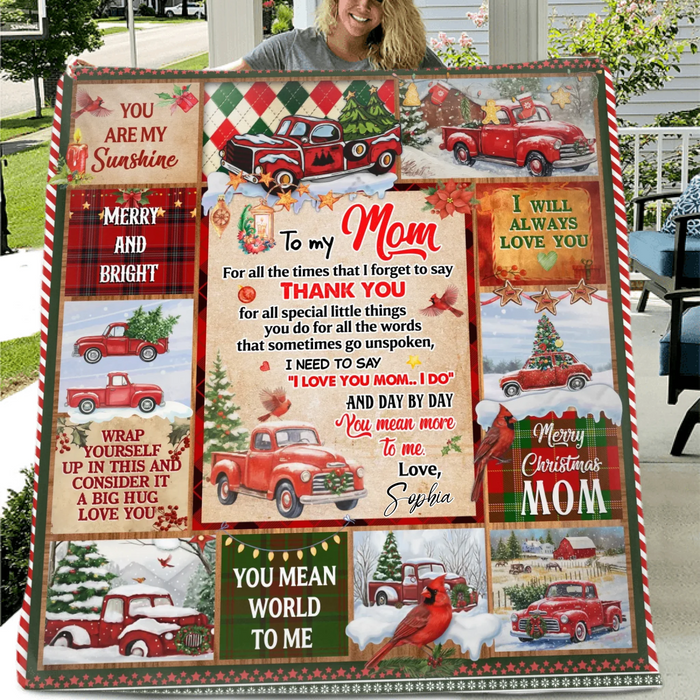 Personalized Christmas Fleece Throw Blanket / Quilt for Mom - You Are My Sunshine, Thank You Mom - Holiday Gift from Daughter or Son