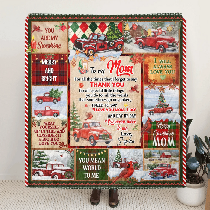 Personalized Christmas Fleece Throw Blanket / Quilt for Mom - You Are My Sunshine, Thank You Mom - Holiday Gift from Daughter or Son