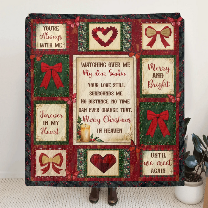 Personalized Christmas Memorial Fleece Throw Blanket / Quilt - Custom Name - Merry Christmas in Heaven - Sympathy Gift for Loss of Loved One