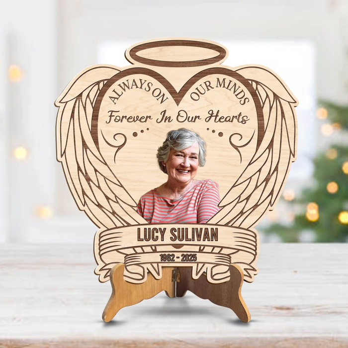 Personalized Wooden Memorial Art - Angel Wings Heart Design, Custom Photo, Name & Years - Always on Our Minds Forever in Our Hearts Sympathy Gift