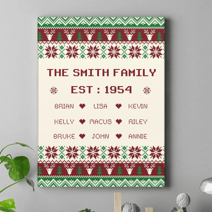Personalized Family Christmas Canvas – Custom Family Name, Established Year & Names with up to 9 Members – Ugly Sweater Holiday Decor for Home & Living Room