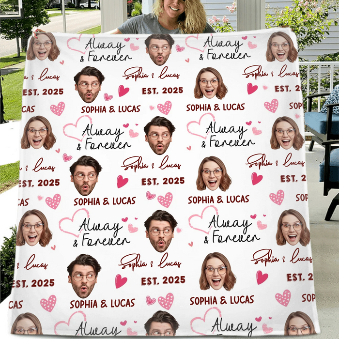 Personalized Couple Face Blanket - Add Your Faces, Names & Anniversary Year - Cute & Fun Valentine’s Gift