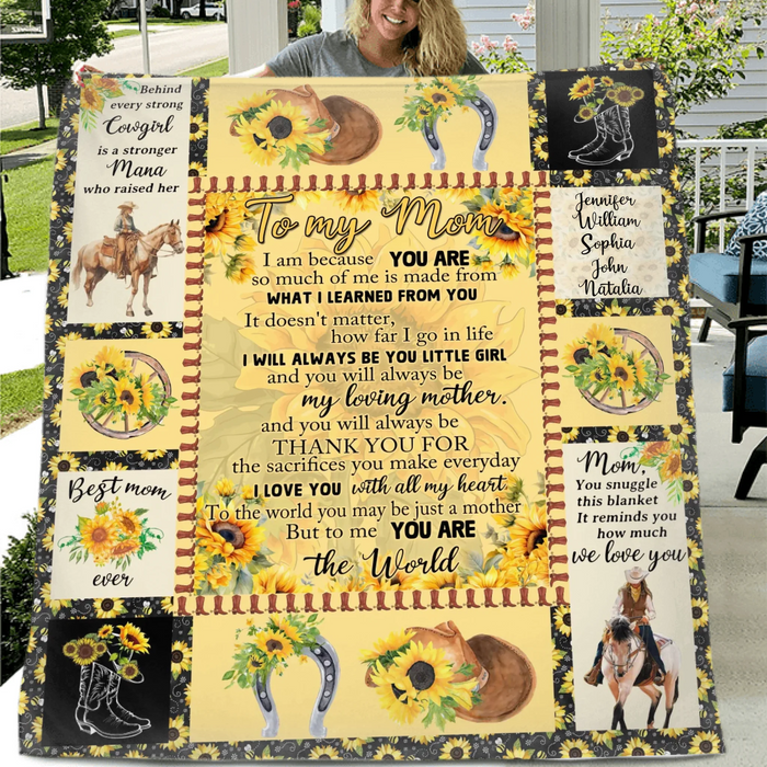 Personalized To My Mom Sunflower Fleece Throw Blanket/ Quilt – Cowgirl Theme with Up to 5 Kids’ Names – Heartfelt Mother’s Day or Birthday Gift