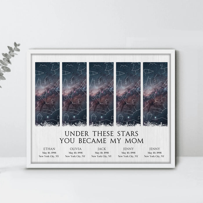 Personalized Star Map Canvas – Under These Stars You Became My Mom – Custom Kids Names & Birth Dates, Night Sky Constellation Print, Mother’s Day Gift
