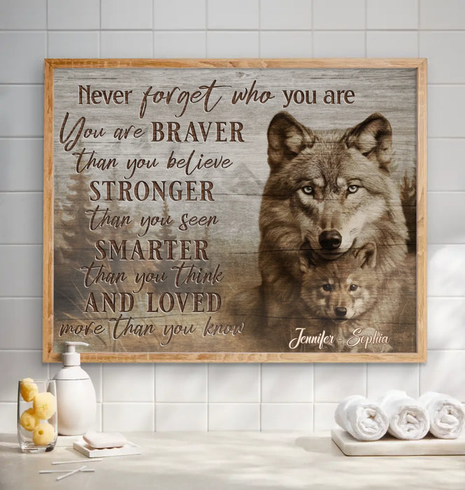 Personalized Wolf Parent & Child Poster - “Never Forget Who You Are” - Custom Names, Inspirational Gift for Daughter or Son