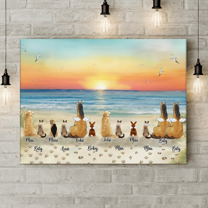 Personalized Pet Sunset Canvas - Custom Pets in the Beach with up to 12 Pets - Pet Memorial Wall Art, Pet Lover Gift