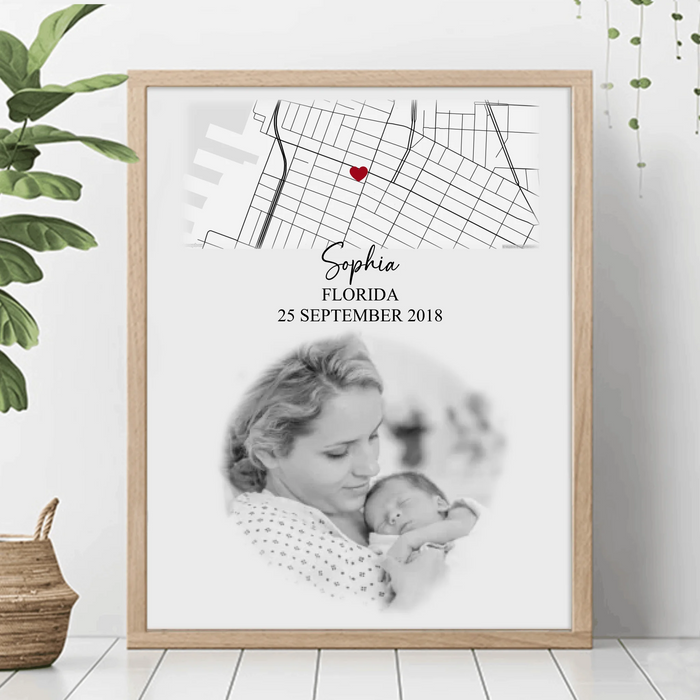 Personalized Birth Location Map Canvas - Newborn Arrival Gift, Mom Keepsake - Custom Baby Photos, Name, Date & Birthplace Marker