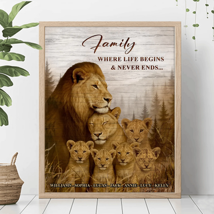 Personalized Lion Family Poster - Custom Names - “Family Where Life Begins & Never Ends” - Gift for Mom, Dad & Kids