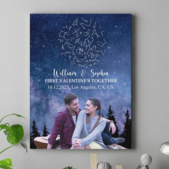 Personalized Star Map Couple Canvas – Custom Names, Date & Location – First Valentine’s Together Gift, Romantic Night Sky Wall Art