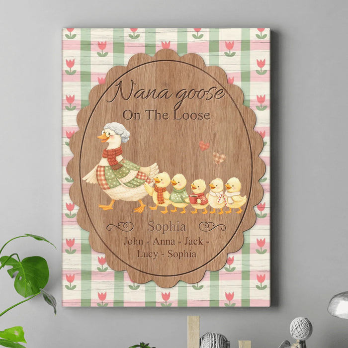 Personalized Nana Goose on the Loose Canvas - Custom Grandma & Grandkids Names with up to 5 Kids - Gift Idea For Grandma/ Nana