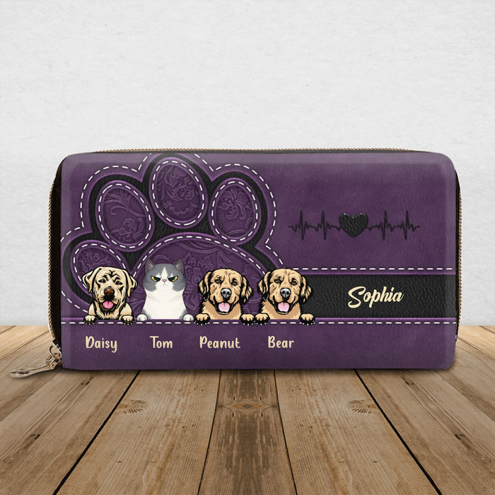 Personalized Pet Paw Long Wallet – Custom Dog & Cat Names – Zipper Wallet for Pet Lovers, Dog Mom Cat Mom Gift