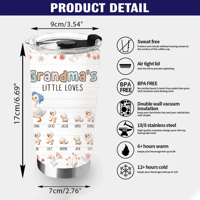 Personalized Grandma’s Little Loves Tumbler –  Goose Grandma with Up to 9 Grandkids – Custom Grandma Gift
