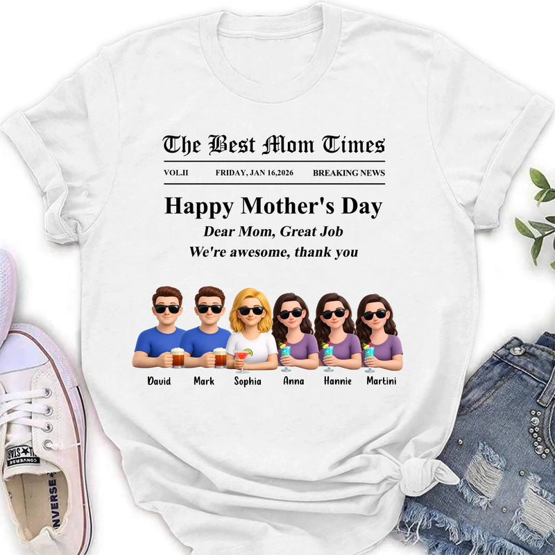 Personalized Mother’s Day Newspaper Shirt/ Hoodie – The Best Mom Times Family – Custom Mom with up to 5 Kids – Funny Thank You Mom Gift for Mother’s Day, Birthday & Family Anniversary