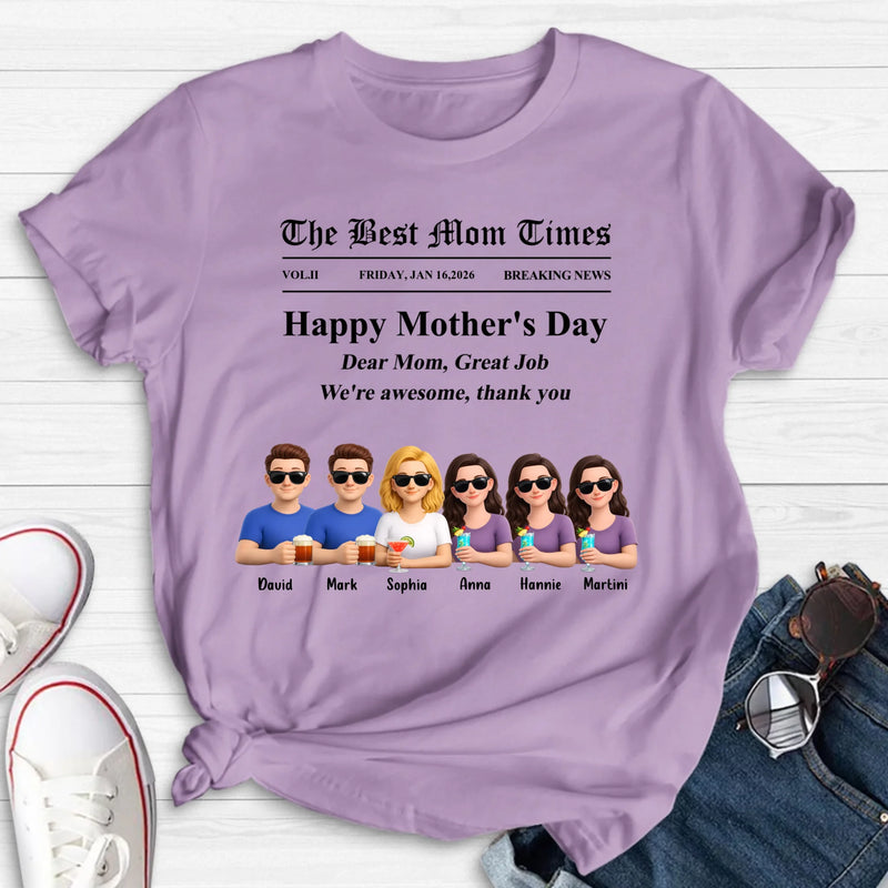 Personalized Mother’s Day Newspaper Shirt/ Hoodie – The Best Mom Times Family – Custom Mom with up to 5 Kids – Funny Thank You Mom Gift for Mother’s Day, Birthday & Family Anniversary
