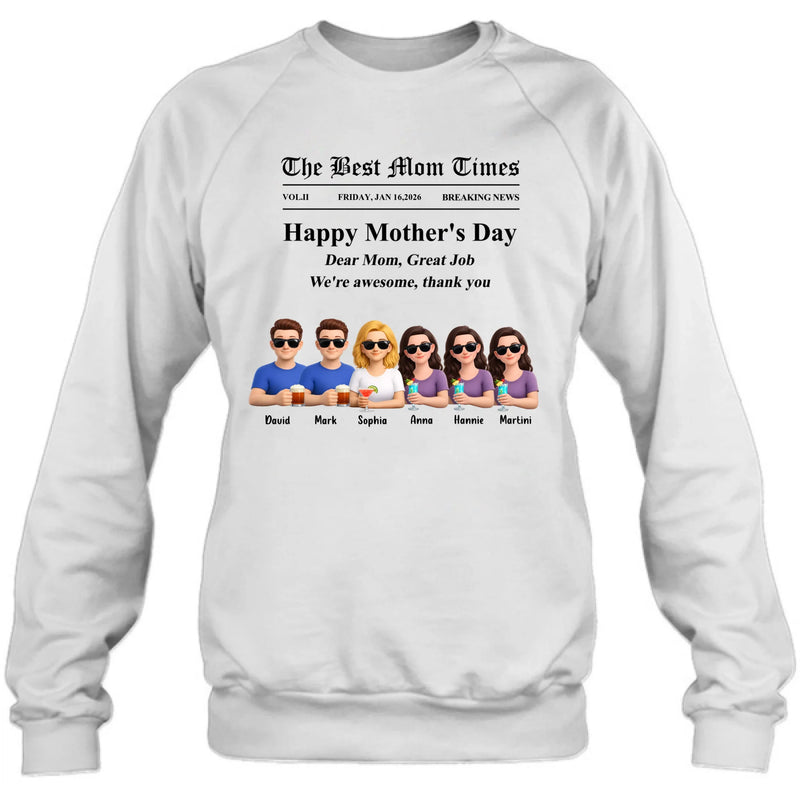 Personalized Mother’s Day Newspaper Shirt/ Hoodie – The Best Mom Times Family – Custom Mom with up to 5 Kids – Funny Thank You Mom Gift for Mother’s Day, Birthday & Family Anniversary