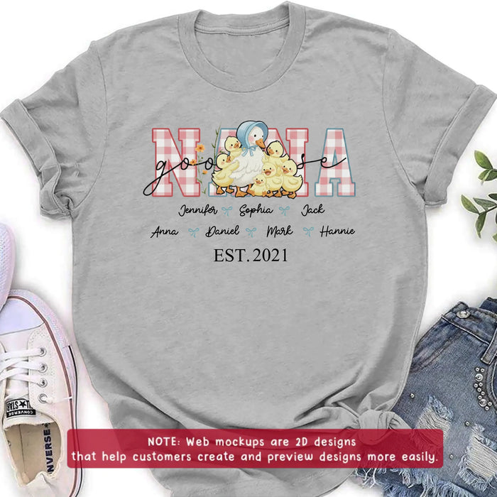 Personalized Nana Goose Embroidered T-shirt - Gift Idea To Mother's Day/ Nana/ Grandma/ Birthday - Custom Names with up to 6 Kids