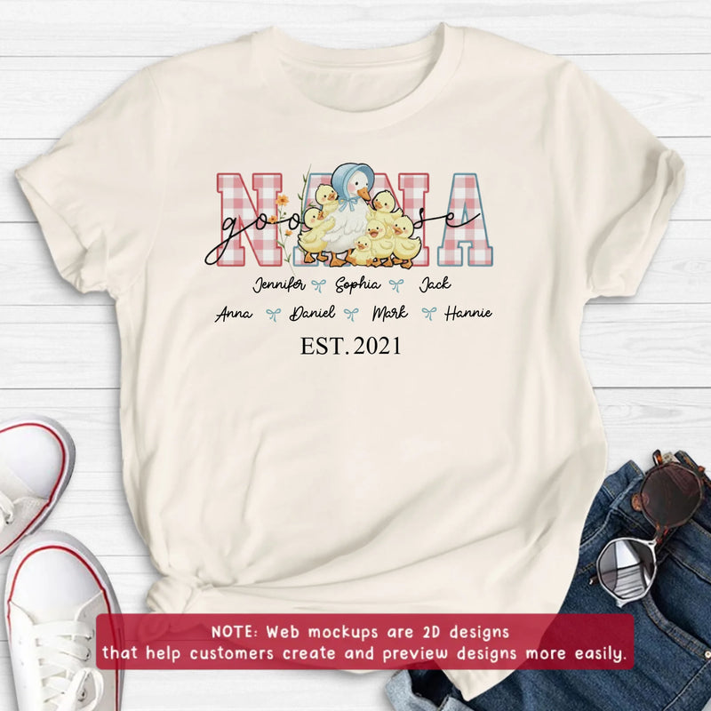 Personalized Nana Goose Embroidered T-shirt - Gift Idea To Mother's Day/ Nana/ Grandma/ Birthday - Custom Names with up to 6 Kids