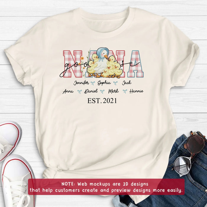 Personalized Nana Goose Embroidered T-shirt - Gift Idea To Mother's Day/ Nana/ Grandma/ Birthday - Custom Names with up to 6 Kids