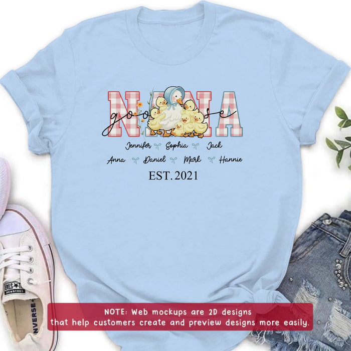 Personalized Nana Goose Embroidered T-shirt - Gift Idea To Mother's Day/ Nana/ Grandma/ Birthday - Custom Names with up to 6 Kids