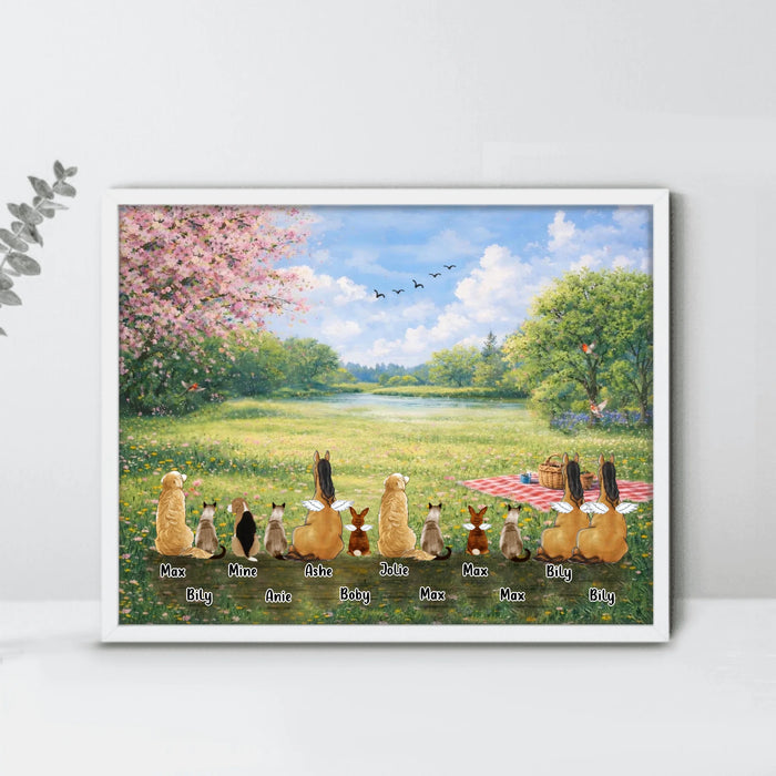 Personalized Spring Pet Poster – Custom Up to 12 Pets with Names – Peaceful Spring Meadow Scene – Pet Memorial & Family Pets Decor