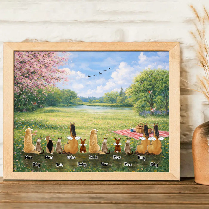 Personalized Spring Pet Poster – Custom Up to 12 Pets with Names – Peaceful Spring Meadow Scene – Pet Memorial & Family Pets Decor