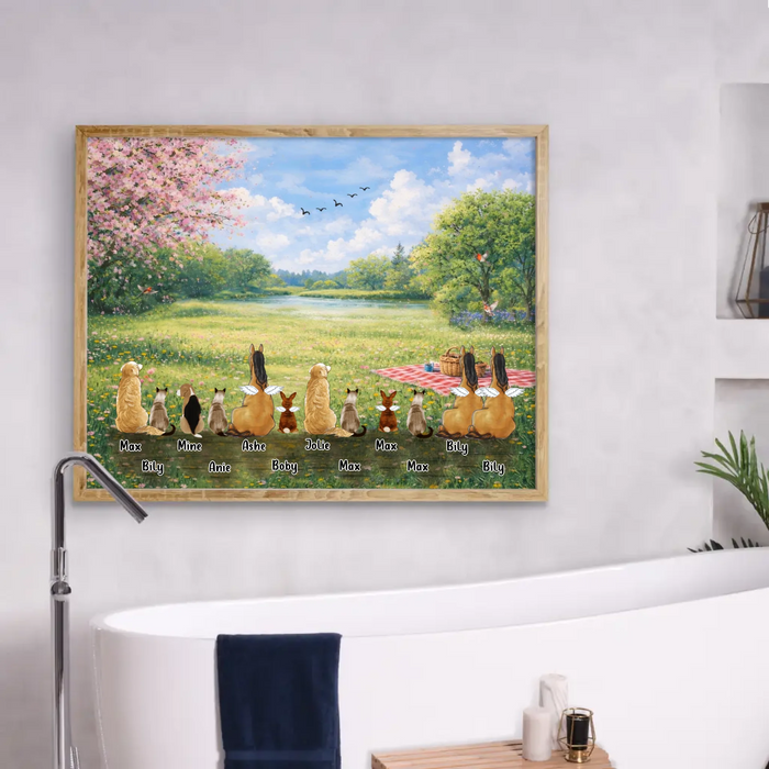 Personalized Spring Pet Poster – Custom Up to 12 Pets with Names – Peaceful Spring Meadow Scene – Pet Memorial & Family Pets Decor