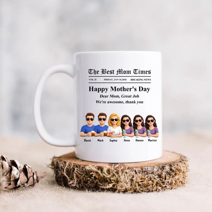 Personalized Mother’s Day Newspaper Coffee Mug – The Best Mom Times Family – Custom Mom with up to 5 Kids – Funny Thank You Mom Gift for Mother’s Day, Birthday & Family Anniversary