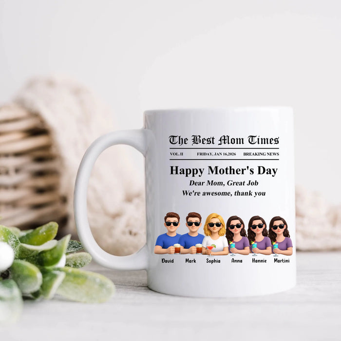 Personalized Mother’s Day Newspaper Coffee Mug – The Best Mom Times Family – Custom Mom with up to 5 Kids – Funny Thank You Mom Gift for Mother’s Day, Birthday & Family Anniversary