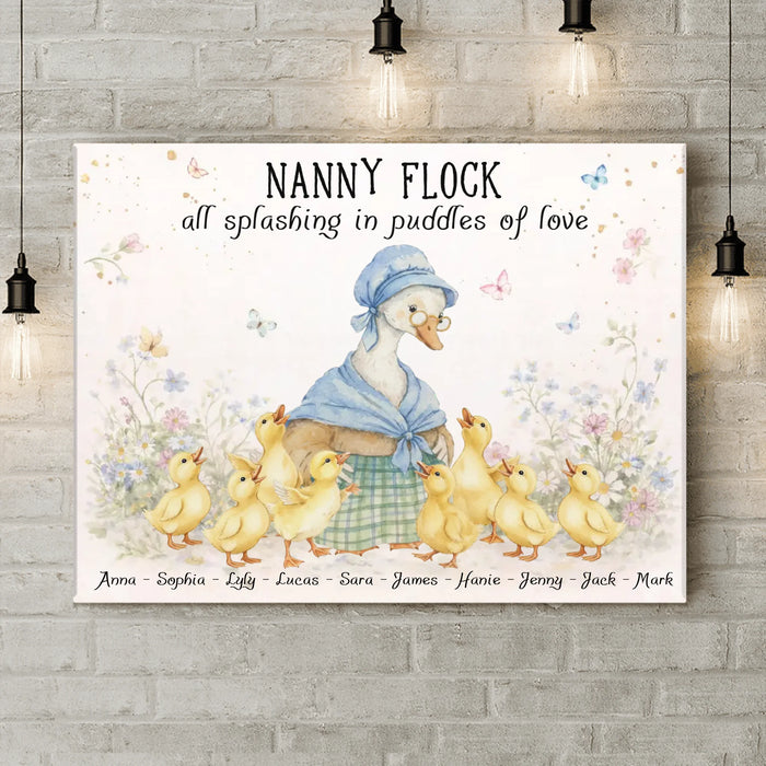 Personalized Nanny Flock Goose Canvas – Custom Grandma & Grandkids Names with up to 9 Kids – Gift for Nana from Grandchildren