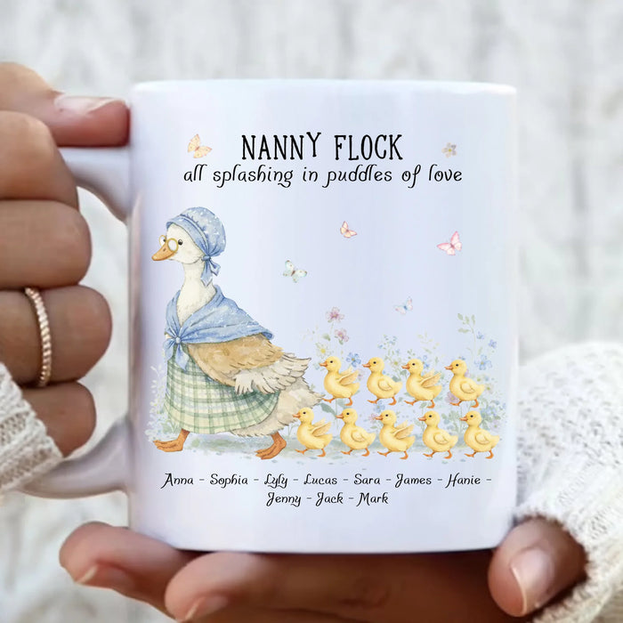 Personalized Nanny Flock Coffee Mug – Custom Grandma Goose with Up to 9 Grandkids Names – Gift for Nanny, Grandma, Mother’s Day, Birthday, Christmas