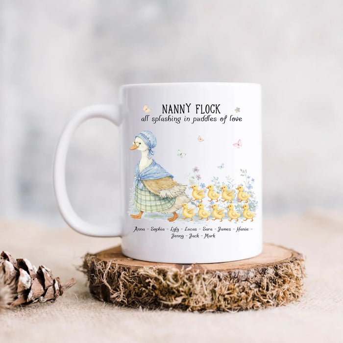 Personalized Nanny Flock Coffee Mug – Custom Grandma Goose with Up to 9 Grandkids Names – Gift for Nanny, Grandma, Mother’s Day, Birthday, Christmas