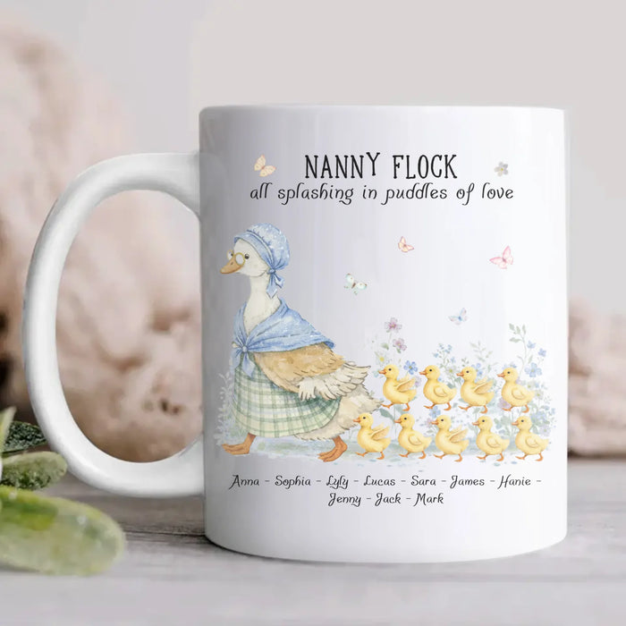 Personalized Nanny Flock Coffee Mug – Custom Grandma Goose with Up to 9 Grandkids Names – Gift for Nanny, Grandma, Mother’s Day, Birthday, Christmas